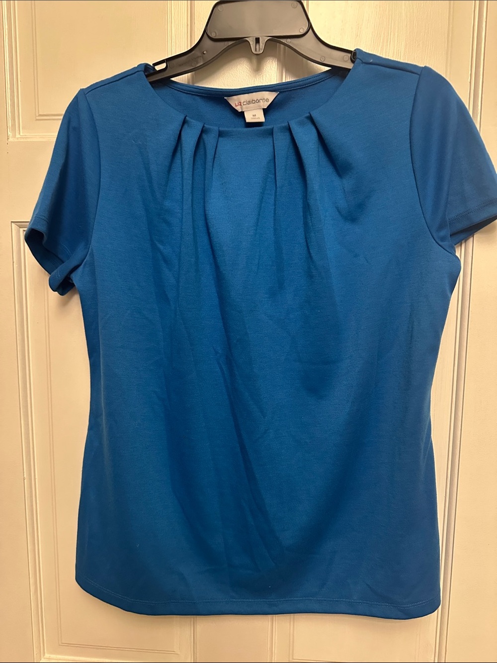 Liz Claiborne Bright Blue Pleated Neck Short Sleeve Top